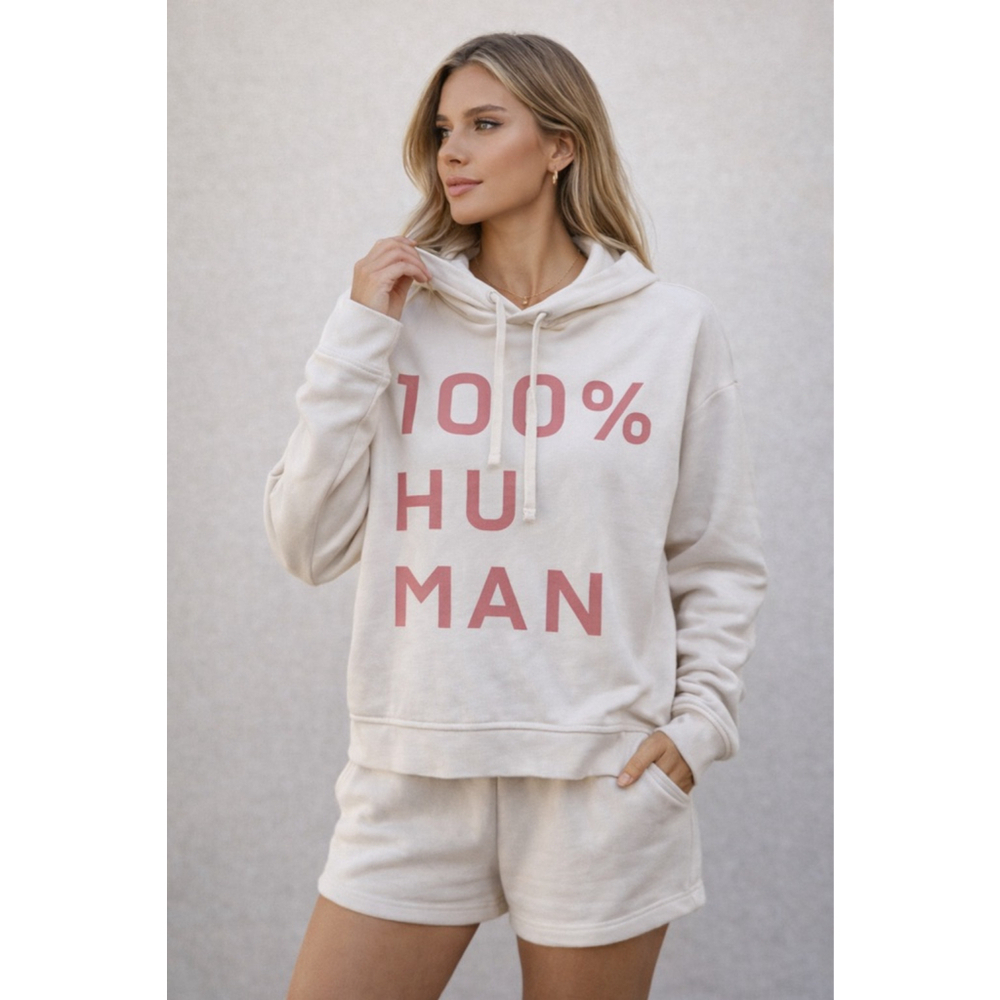 Everlane 100% Human Graphic Hoodie Sweatshirt Large Cream Pink Pullover